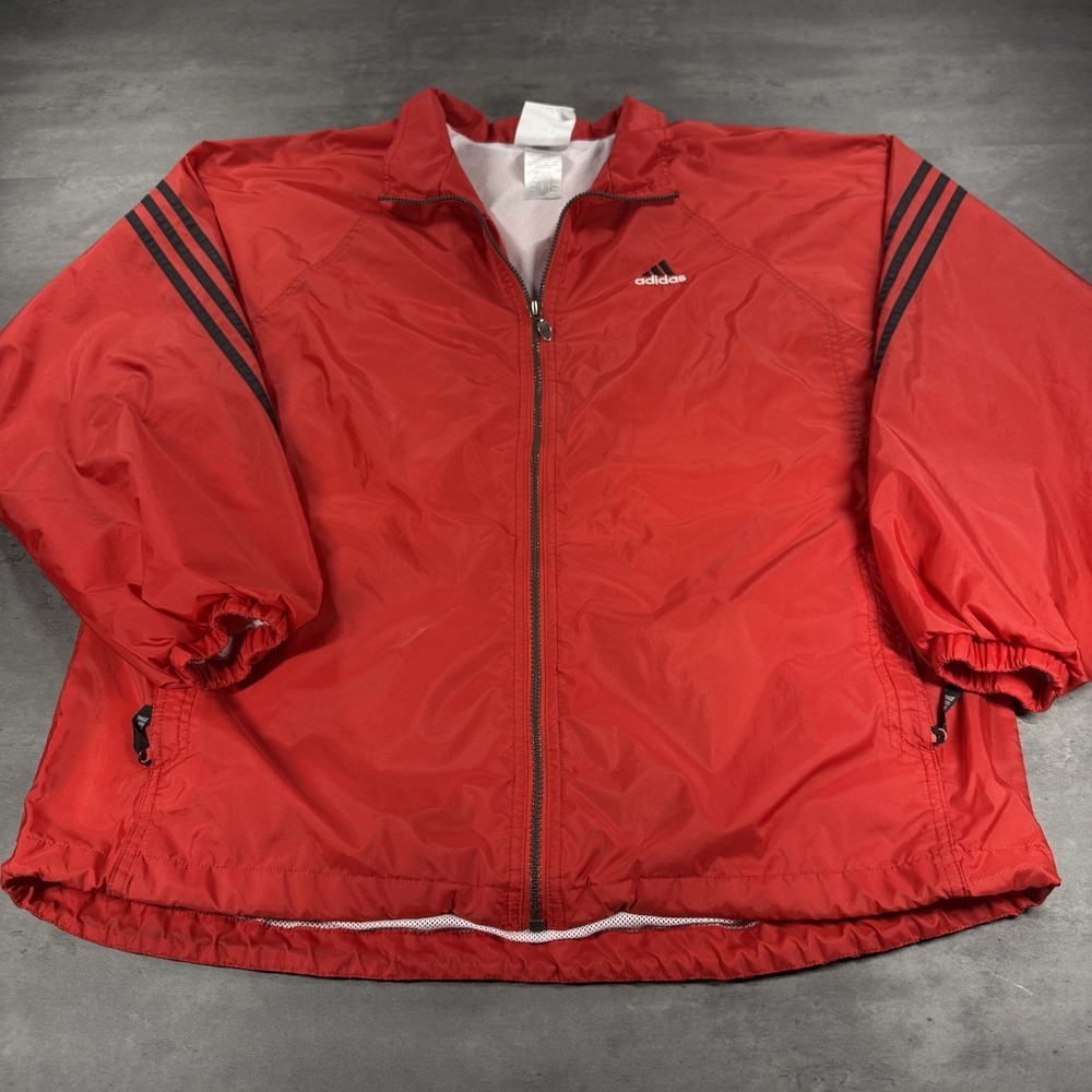 Adidas Jacket Adult M Red Black 3 Stripe Windbreaker Mesh Lined Full Zip Up Polo